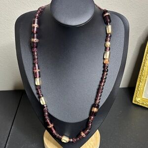 Amethyst Glass Necklace Vintage Beaded Leather Cord